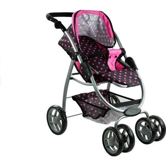 Kočárek pro panenky 2v1 Alice - černý s růžovými puntíky