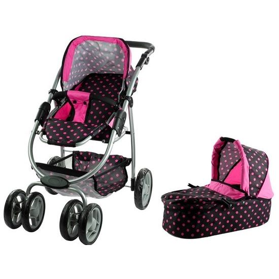 Alice velký sportovní kočárek pro panenky 3v1 - 9662 černý s puntíkama