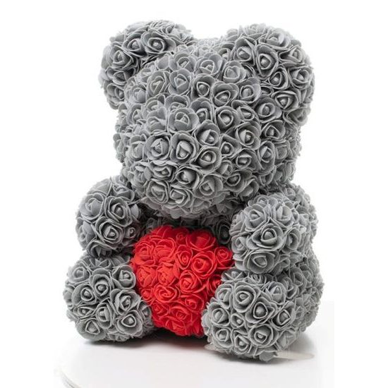 Medvídek z růží šedý s červeným srdcem Rose Bear 40 cm