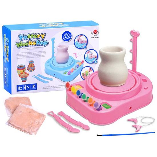 Dětský hrnčířský kruh s hlínou a barvami Pottery Workshop růžový