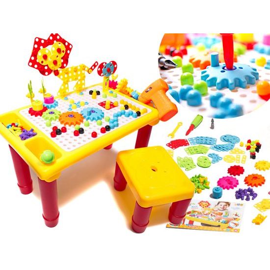 3D konstrukční stavebnice s vrtačkou na baterie, stolečkem a židličkou Magic Panel 296 ks