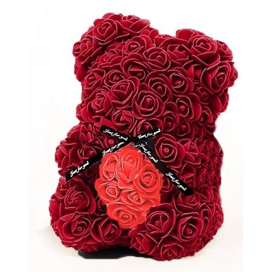 Medvídek z růží bordo s červeným srdcem Rose Bear 25 cm