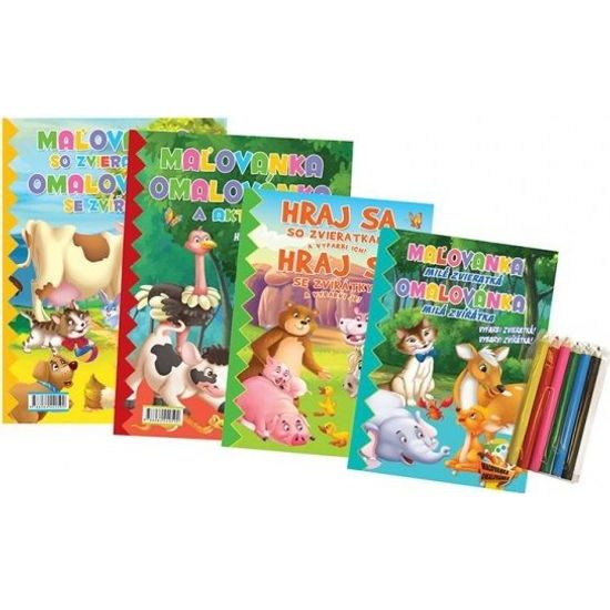 Omalovánky+aktivity/Maľovanky+aktivity Zvířátka/zvieratká + pastelky CZ+SK verze - mix 4 druhy