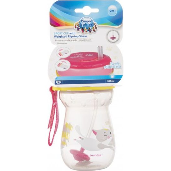 Canpol Babies Canpol babies Hrníček sportovní se slámkou a závažím 350 ml, kočička - růžová