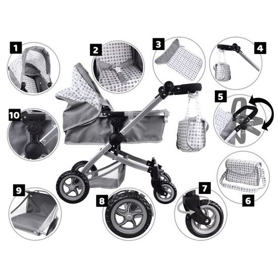 Kočárek pro panenky 4v1 kombinovaný Alice 4543 šedý