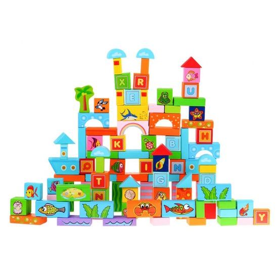 Majlo Toys sada dřevěných kostek se zvířátky 100 ks Ocean Blocks