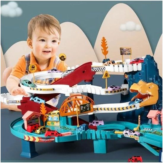 Parkovací dráha se 4 autíčky, tunelem a výtahem na baterie Dinosaur Rail