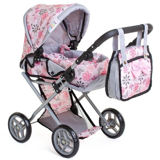 Doris kočárek pro panenky kombinovaný - 9346 světle růžový s kytičkami