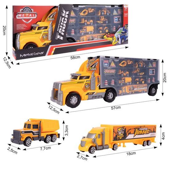 Nákladní auto se 6 stavebními stroji, kamiónem a skluzavkou Yellow Truck