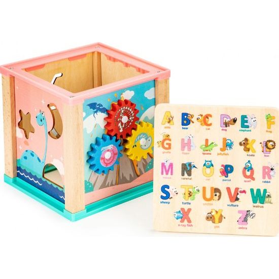 Ecotoys dřevěná edukační kostka s labyrintem Dino Cube 5v1