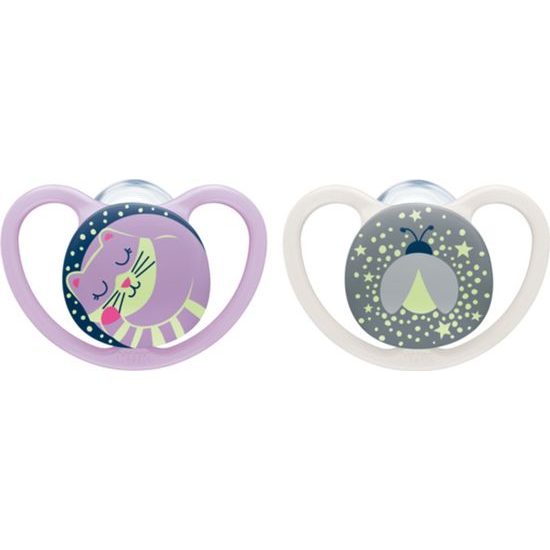 Nuk Uklidňující silikonový dudlík na noc 0-6m, 2ks