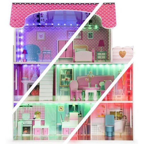 Ecotoys dřevěný domeček pro panenky s LED barevným osvětlením Tennessee