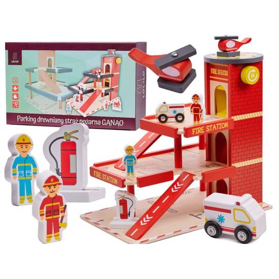 Dřevěná požární garáž s autíčkem a helikoptérou Lulilo