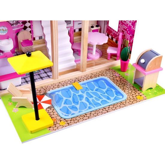 Dřevěný 2 patrový domeček pro panenky s bazénem rezidence Jenny