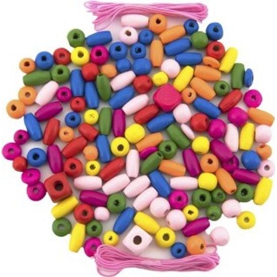 Korálky dřevěné barevné s gumičkami cca 900 ks