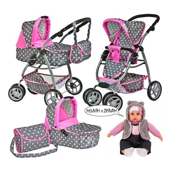 Doris velký sportovní kočárek pro panenky 3v1 - 9662 šedo-růžový + panenka