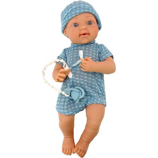 Panenka miminko v modrém oblečení s dudlíkem a dekou