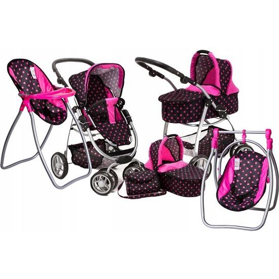 Doris kočárek pro panenky 9662 set 6v1 černý s jídelní židličkou