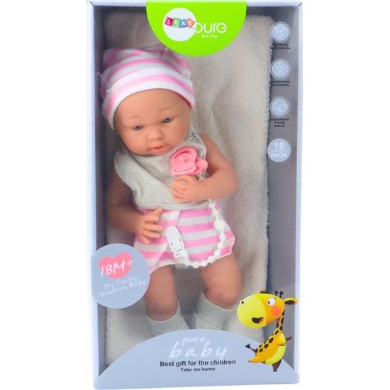 Panenka miminko v bílo-růžovém oblečení s bryndákem, dudlíkem a dekou