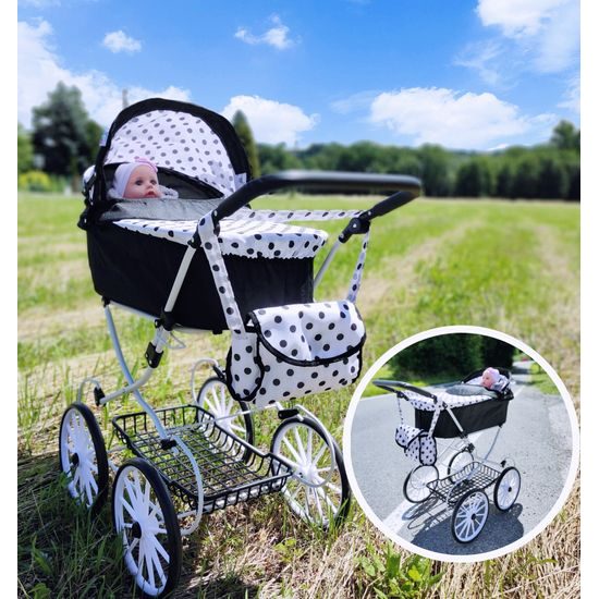 Kočárek pro panenky Alice retro černo-bílý