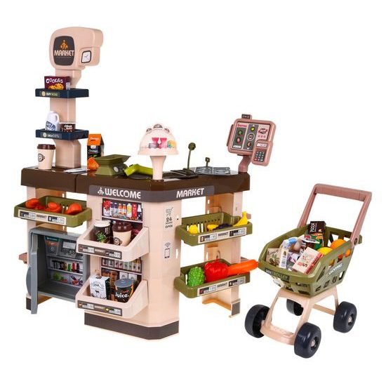 Dětský obchod Supermarket s nákupním vozíčkem - hnědý