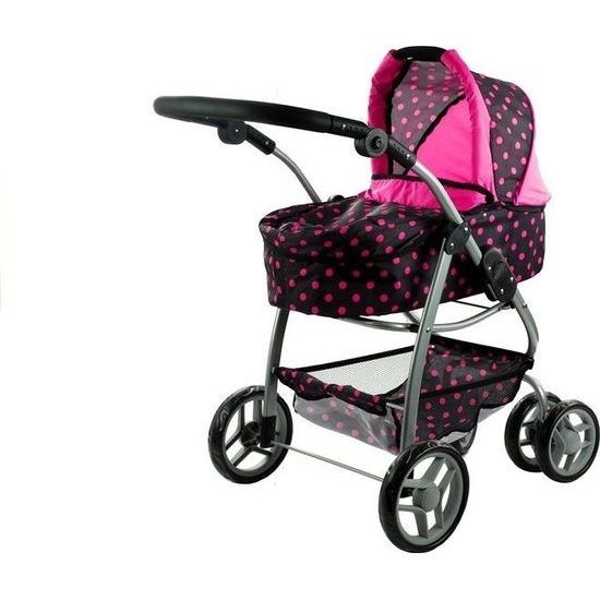 Kočárek pro panenky 2v1 Alice - černý s růžovými puntíky