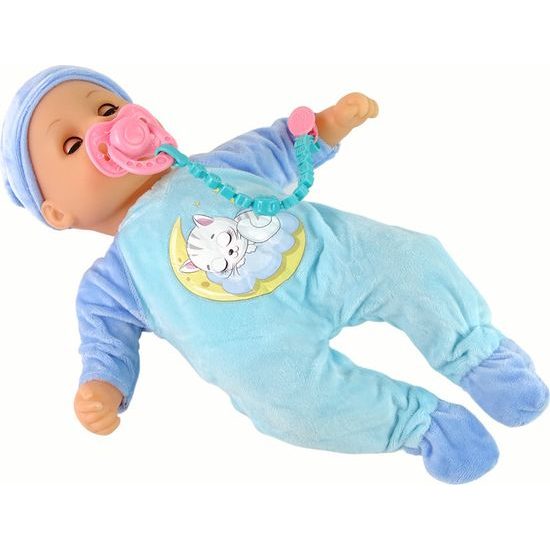 Panenka miminko v modrém oblečku s láhví, dudlíkem a doplňky-vydává zvuky