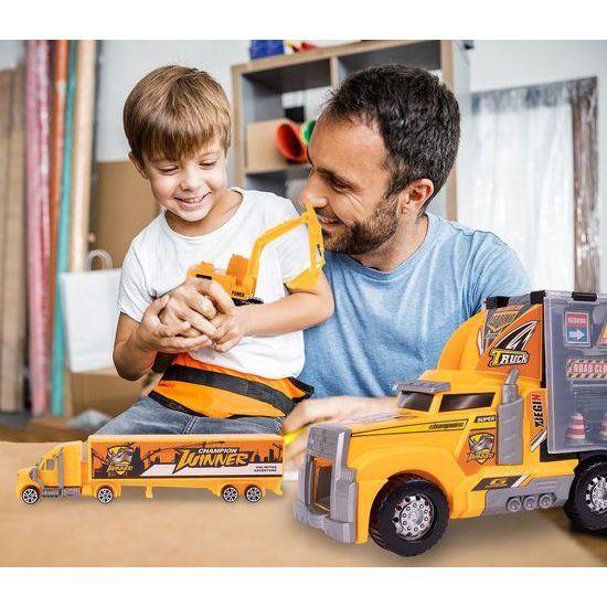 Nákladní auto se 6 stavebními stroji, kamiónem a skluzavkou Yellow Truck