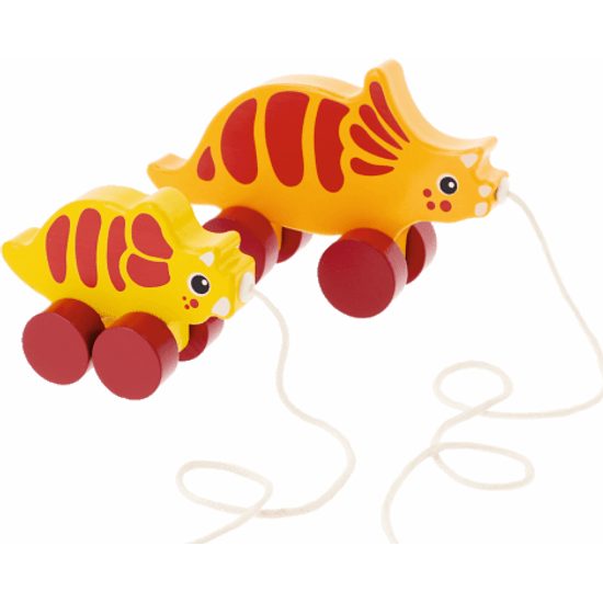 TREFL Edukační dřevěná tahací hračka 2 Dinosauři Triceratops, oranžovo-žlutá