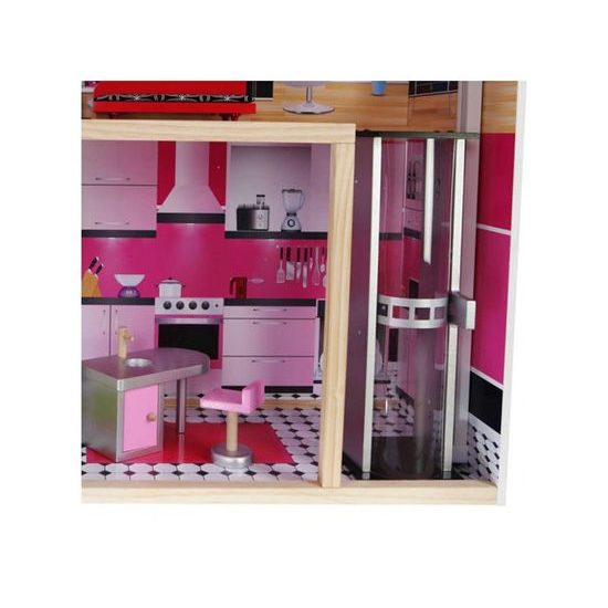 Ecotoys velký dřevěný domeček pro panenky Malibu s výtahem + panenka