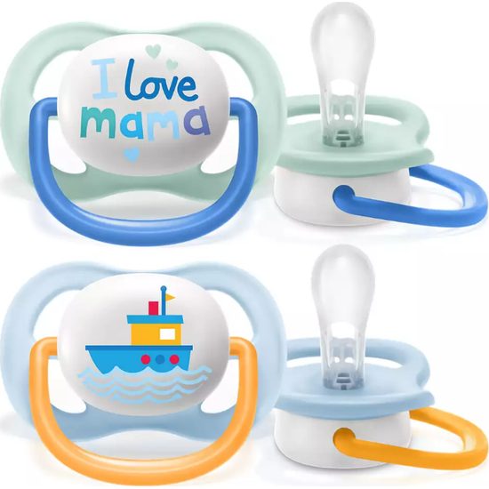 AVENT Dudlík Ultra Air Happy I Love mama, 0-6m - Lodička, modrá 2ks