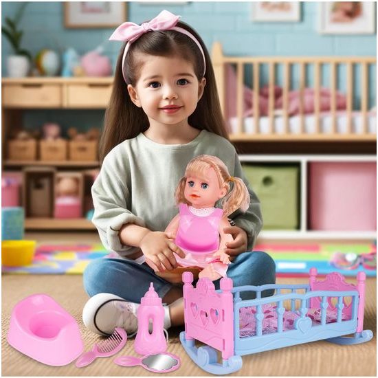 Postýlka pro panenku Play House 37 cm s panenkou a příslušenstvím
