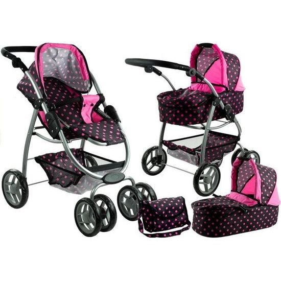 Kočárek pro panenky 2v1 Alice - černý s růžovými puntíky