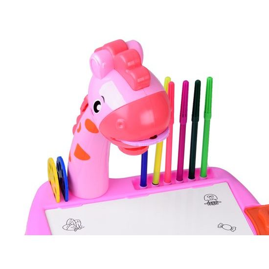 Projektor s kreslící tabulkou a 24 šablonami Žirafa - růžový