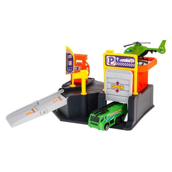 Parkovacia garáž s autíčkom, helikoptérou a hracou podložkou Racing Garage