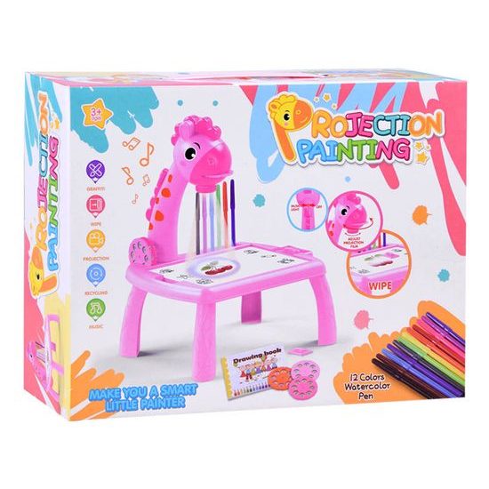 Projektor s kreslící tabulkou a 24 šablonami Žirafa - růžový