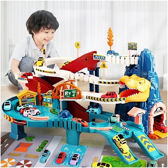 Parkovací dráha se 4 autíčky, tunelem a výtahem na baterie Dinosaur Rail