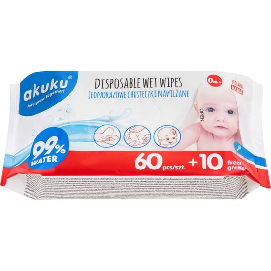 Dětské vlhčené ubrousky Akuku 99% vody 60 + 10 ks ZDARMA