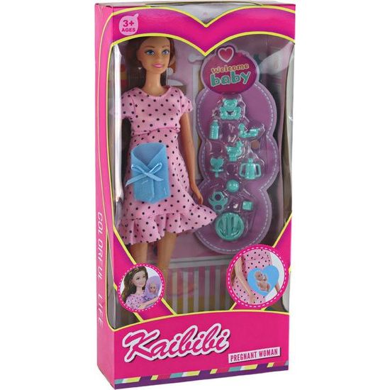 Těhotná panenka v puntíkových růžových šatech s doplňky