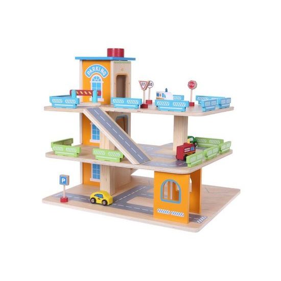 Ecotoys dřevěná patrová garáž s výtahem a autíčky