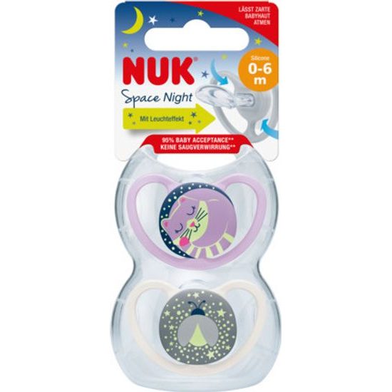 Nuk Uklidňující silikonový dudlík na noc 0-6m, 2ks