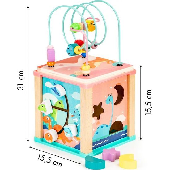 Ecotoys dřevěná edukační kostka s labyrintem Dino Cube 5v1
