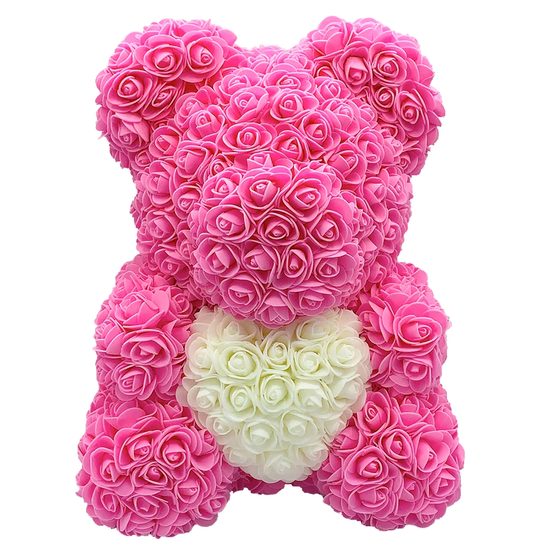 Medvídek z růží růžový s bílým srdcem Rose Bear 40 cm