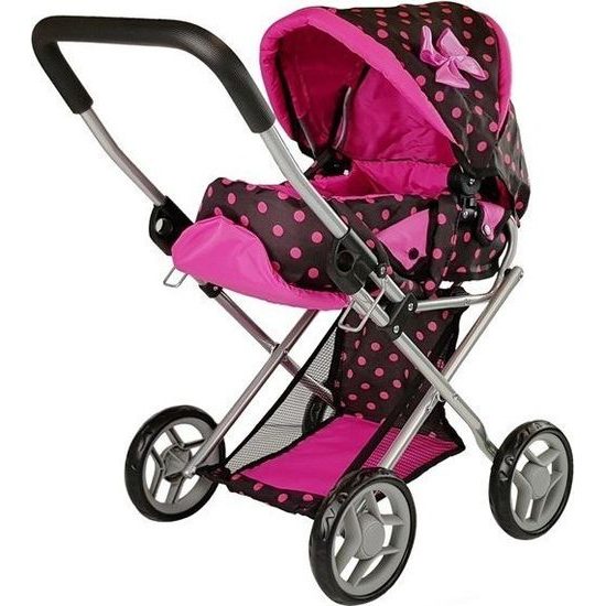 Kočárek pro panenky Alice s příslušenstvím-černý s růžovými puntíky