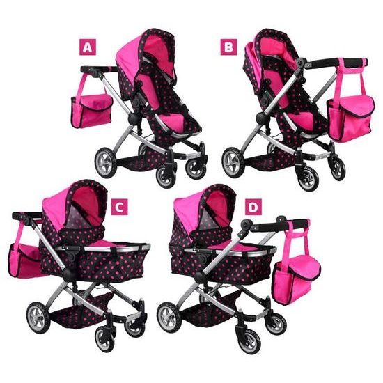 SMONTOVÁNO Kočárek pro panenky 4v1 kombinovaný Alice 4543 černo-růžový