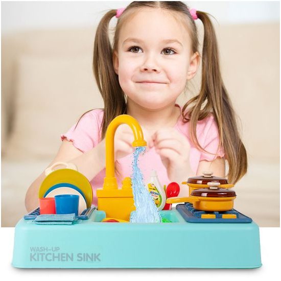 Dětský dřez s tekoucí vodou a nádobím Wash Up modrý
