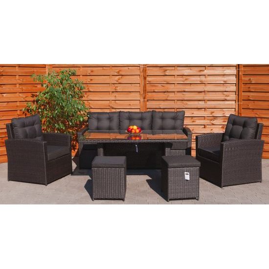 Sada zahradního nábytku 6v1 Techorattan Brown + pohovka + vysoký stůl + 2 křesla + 2 taburety + 12 polštářů