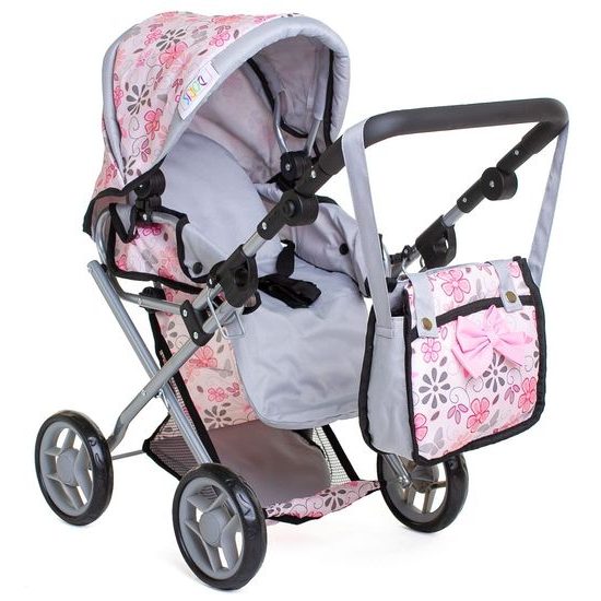 Doris kočárek pro panenky kombinovaný - 9346 světle růžový s kytičkami