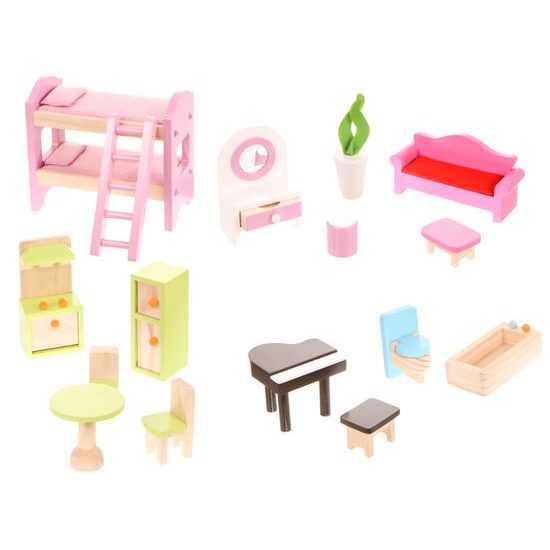 Ecotoys dřevěný dvoupatrový domeček pro panenky Pohádka + 4 panenky