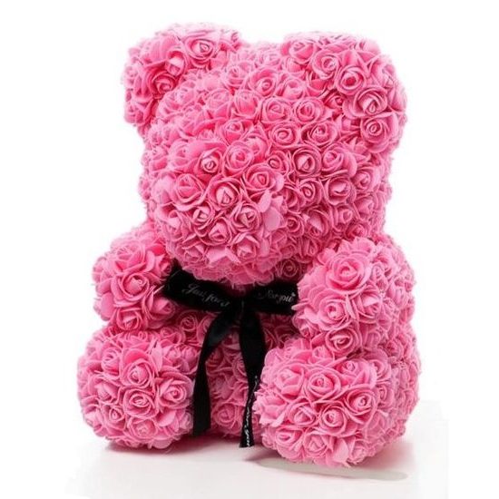 Medvídek z růží růžový s červeným srdcem Rose Bear 40 cm
